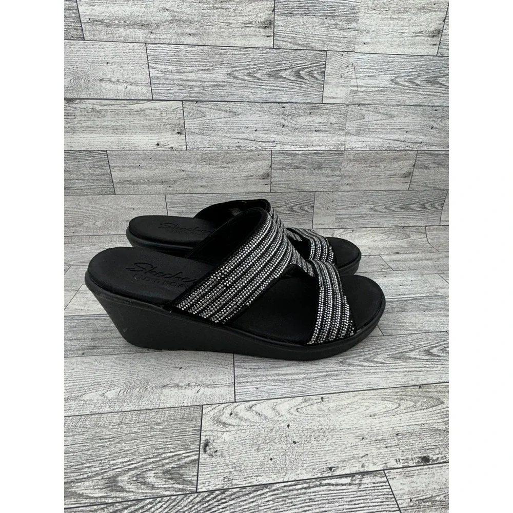 Skechers Luxe Foam Black Silver Rhinestone Wedge Sandals 119001 BKSL Women Sz 10